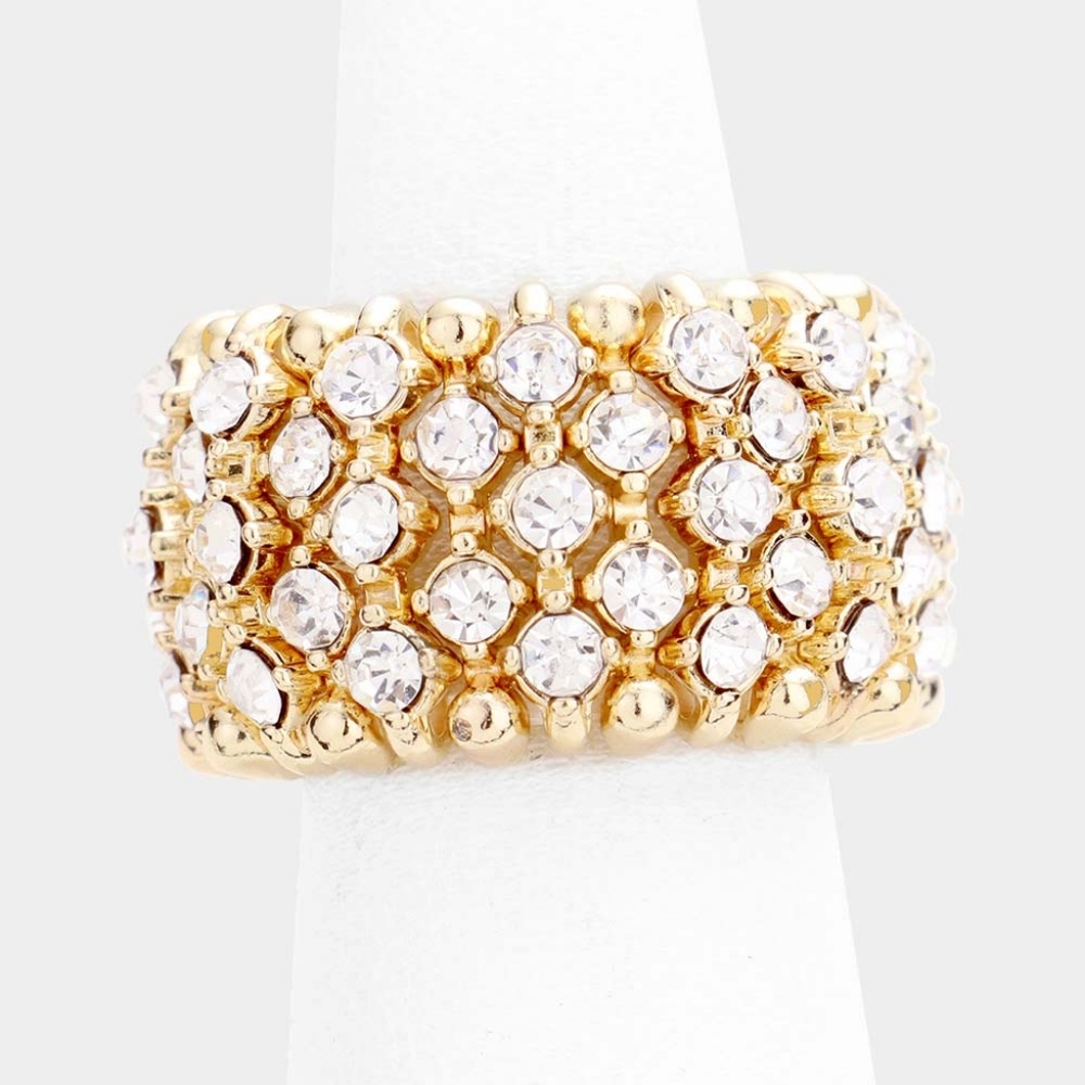Gold Rhinestone Crystal Stretch Cocktail Ring Fashion Statement Jewelry